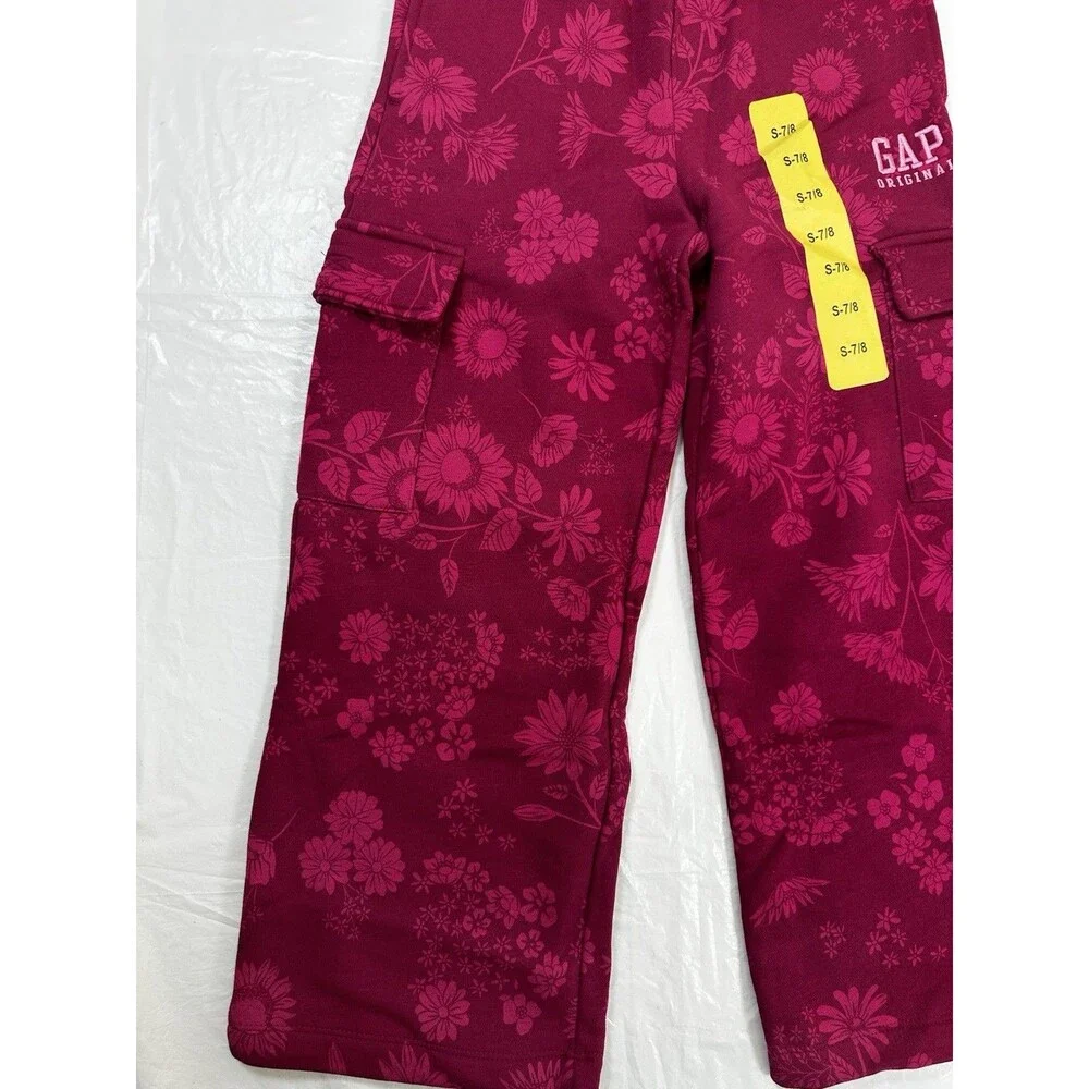 Gap Kids Girls Berry Pink Floral Fleece Cargo Pants Wide Leg Youth Size S 7/8